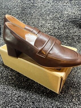 Classic Brown Leather Penny Loafer Heels - Women’s Dress Shoes